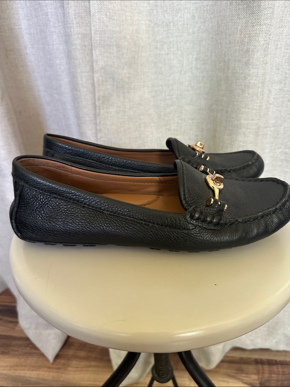 Coach Black Leather Arlene Driving Loafers with Gold Accent - Picture 2 of 7